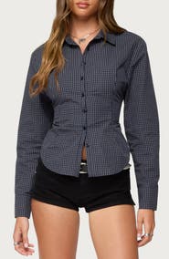 EDIKTED Lisbet Check Button-Up Lace-Up Shirt