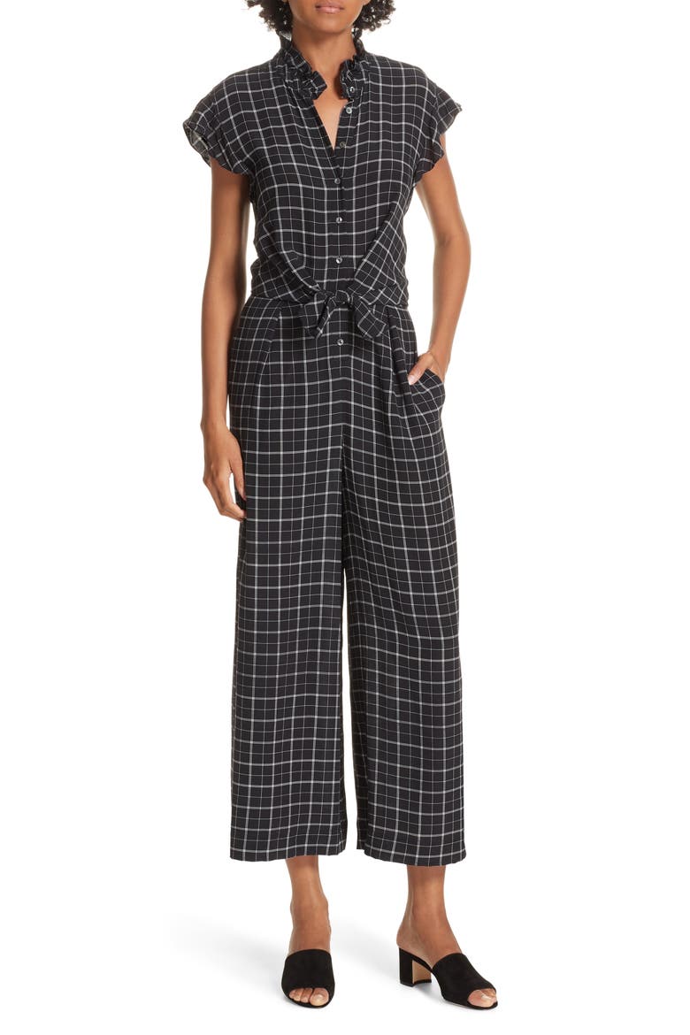 Plaid Silk Jumpsuit, Main, color, BLACK