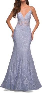 La Femme Mermaid Lace Prom Dress with Sheer Jeweled Bodice