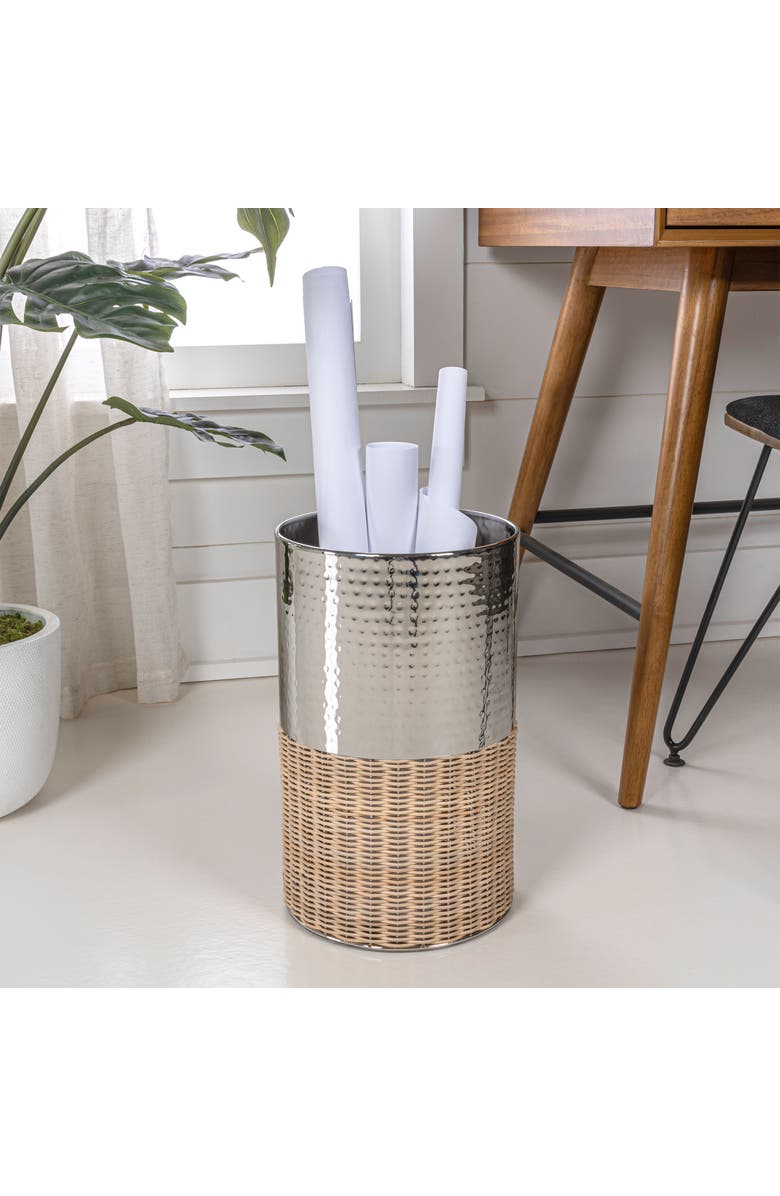 HAPPIMESS Asher Modern 2-Tone Faux Wicker/Metal Cylinder Waste Basket, Alternate, color, Chrome/Natural
