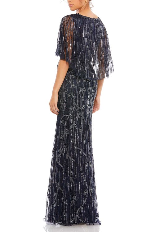 Mac Duggal Embellished Cap Sleeve Faux Wrap Trumpet Gown In Midnight