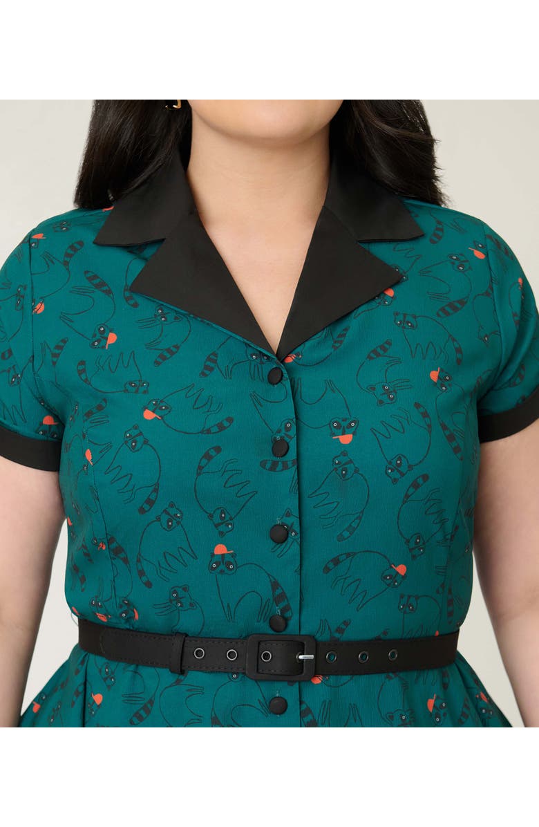 Unique Vintage Plus Size Collared Short Sleeved Belted Alexis Swing Dress, Alternate, color, Teal Raccoon Print