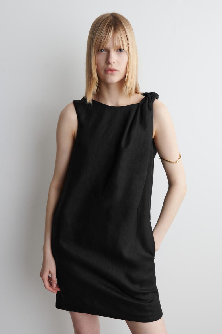 Twist-Detail Linen Mini Dress, Alternate, color, BLACK