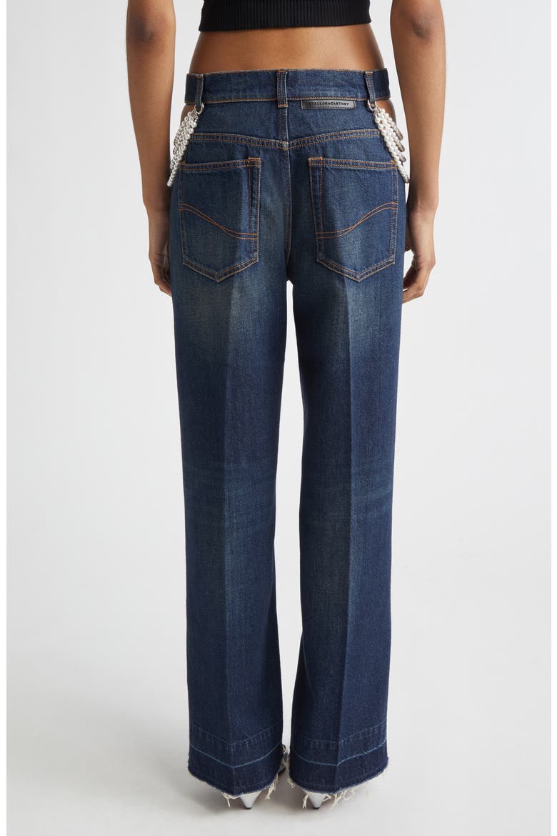 Faux Pearl Embellished Cutout Release Hem Straight Leg Jeans, Alternate, color, DARK BLUE