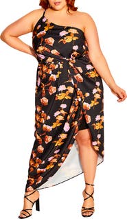 City Chic Vivid Floral One-Shoulder Dress