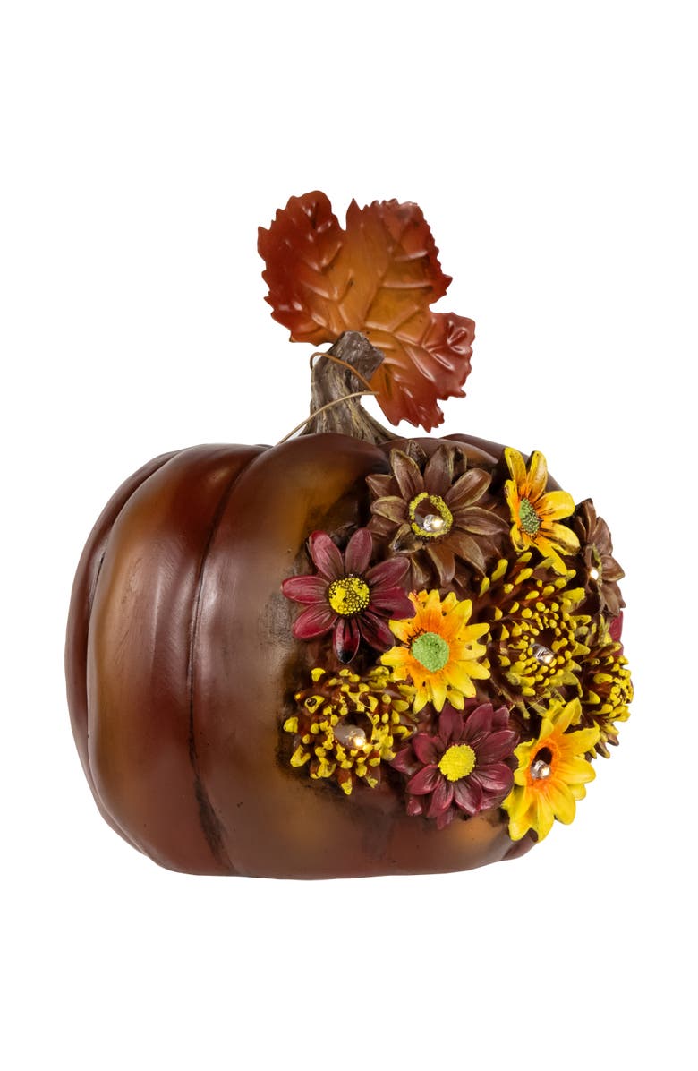 Northlight LED Lighted Solar Powered Floral Fall Harvest Pumpkin Outdoor Decoration - 8", Alternate, color, Brown