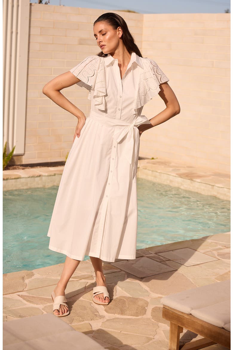 Marigold Ruffle Sleeve Cotton Midi Shirtdress, Alternate, color, WHITE