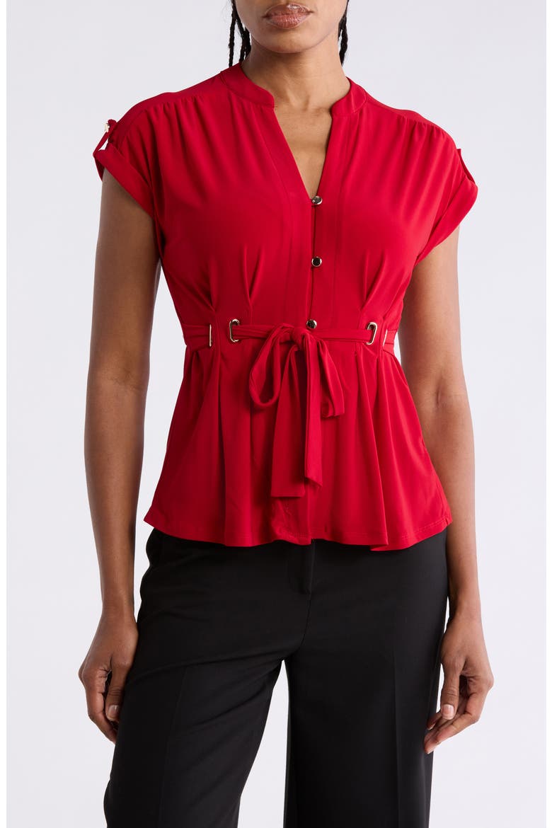 Roll Tab Button Front Blouse, Main, color, RED