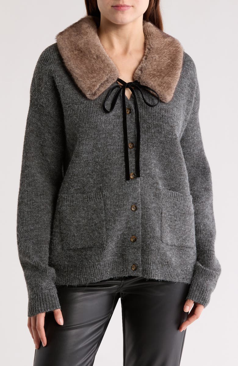 WAYF Faux Fur Trim Cardigan, Main, color,