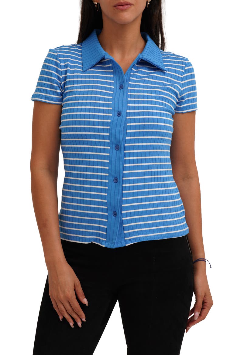 Stripe Rib Button-Up Knit Top, Main, color, FRENCH BLUE/ BONE