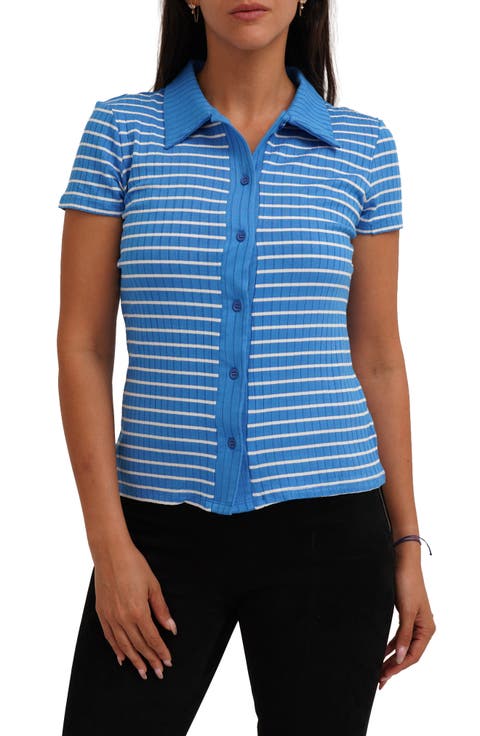 Stripe Rib Button-Up Knit Top