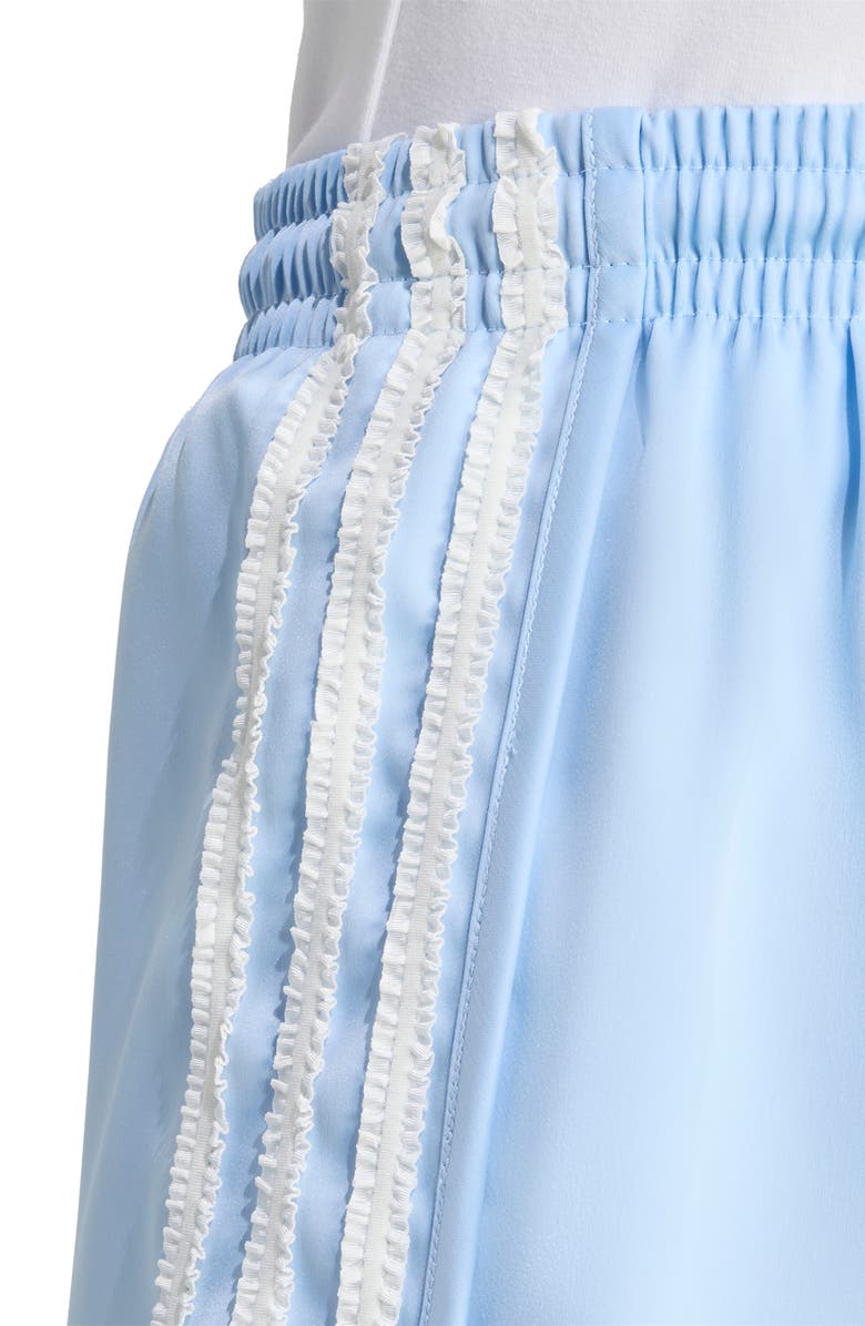 adidas Ruffle 3-Stripes Satin Shorts, Alternate, color, Clear Sky