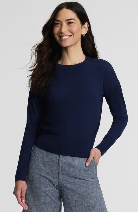 Double Trim Cotton Crew Neck Sweater