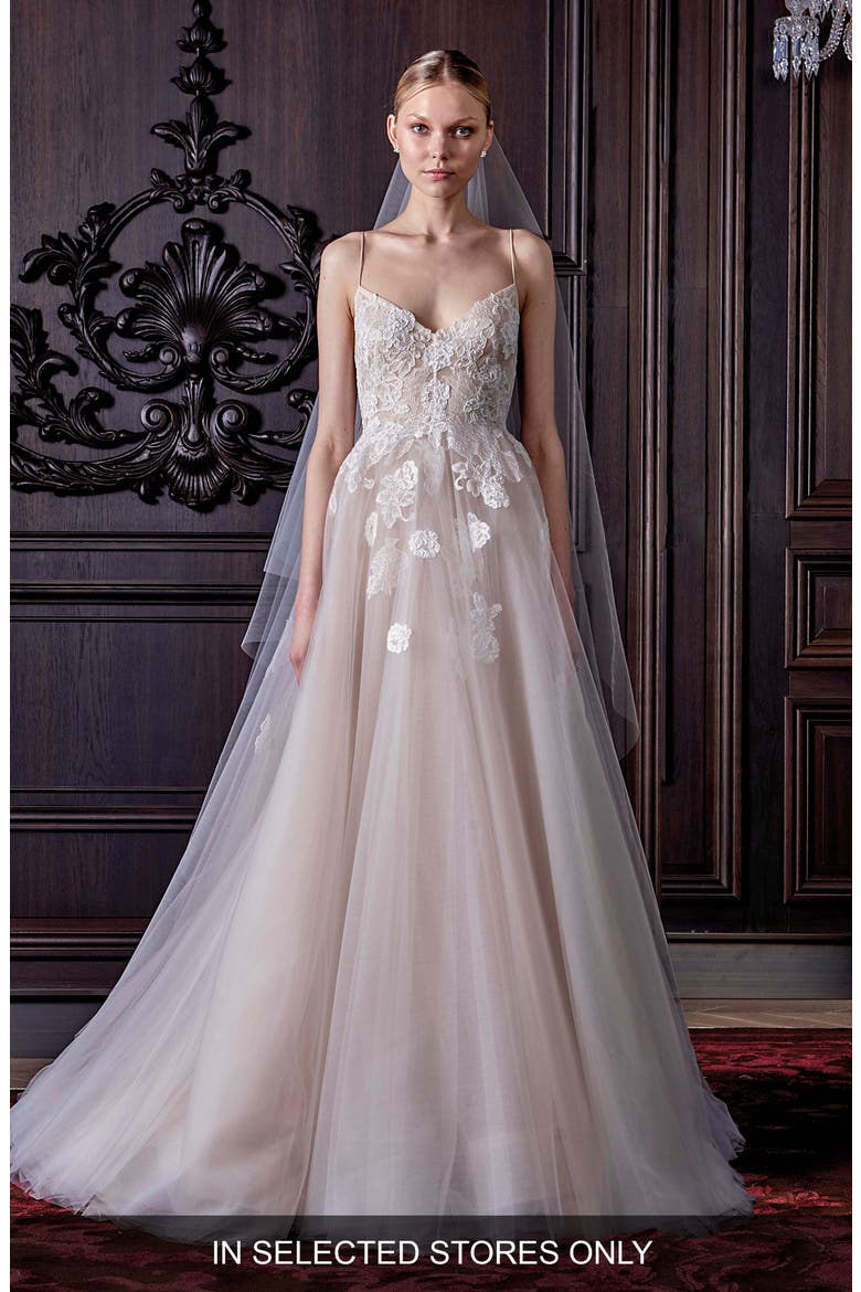 Severine Chantilly Lace & Tulle Gown, Alternate, color, SILK WHITE/ NUDE