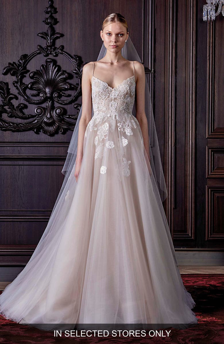 Monique Lhuillier Severine Chantilly Lace & Tulle Gown, Alternate, color, 