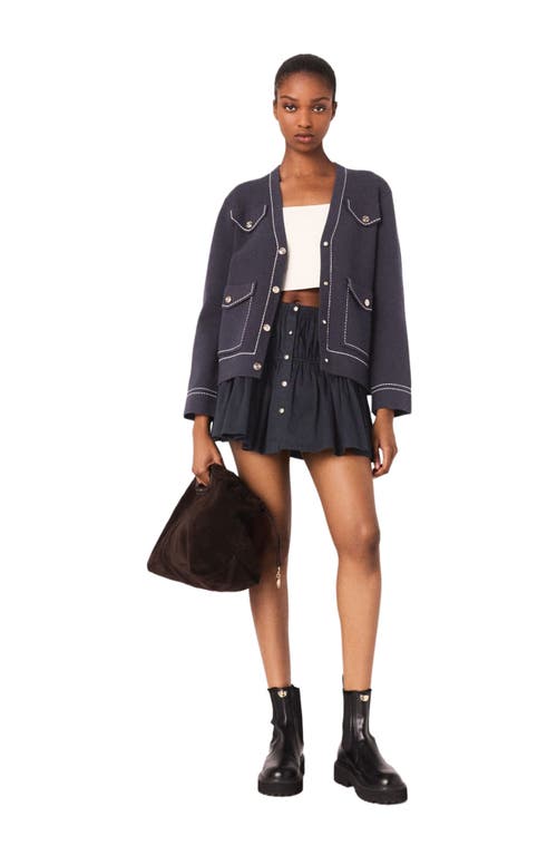 Maje Long Topstitched Knit Cardigan In Blue