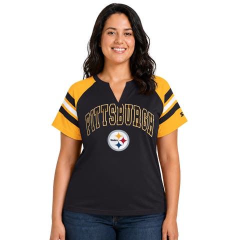 Women's Starter  Black Pittsburgh Steelers Plus Size Game On Notch Neck Raglan T-Shirt