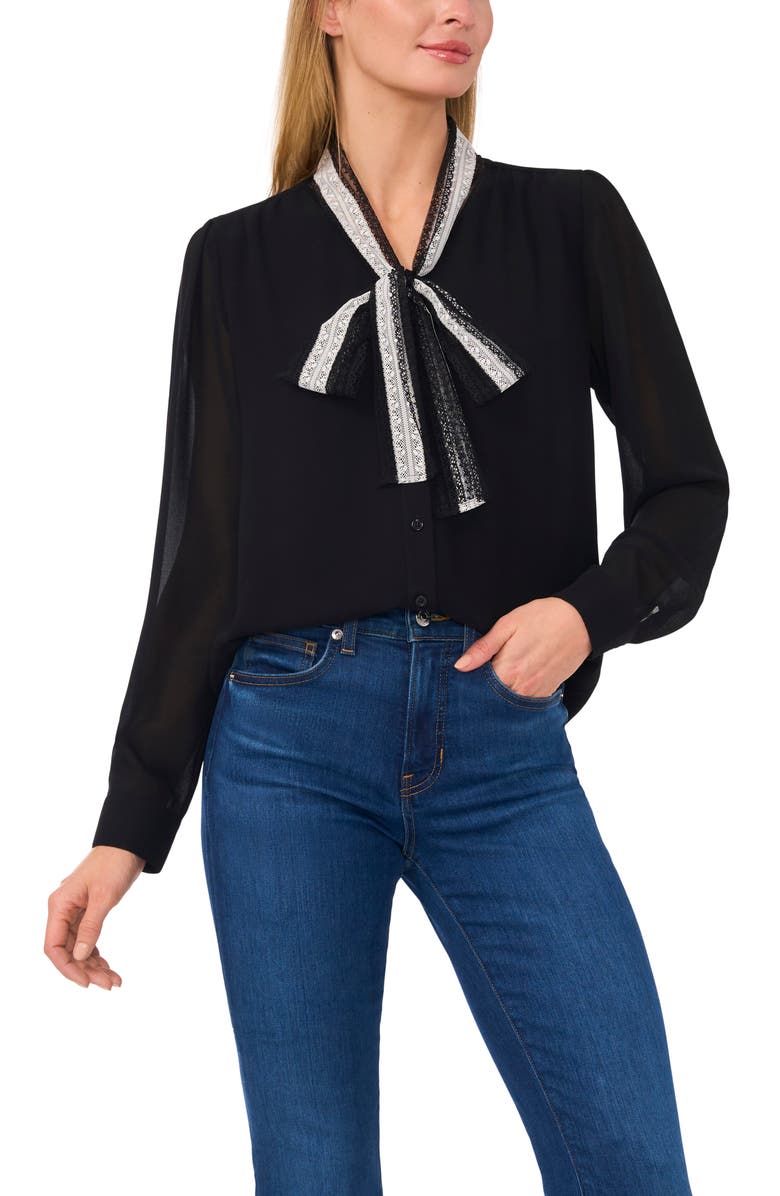 CeCe Lace Tie Neck Long Sleeve Button-Up Shirt, Main, color, 