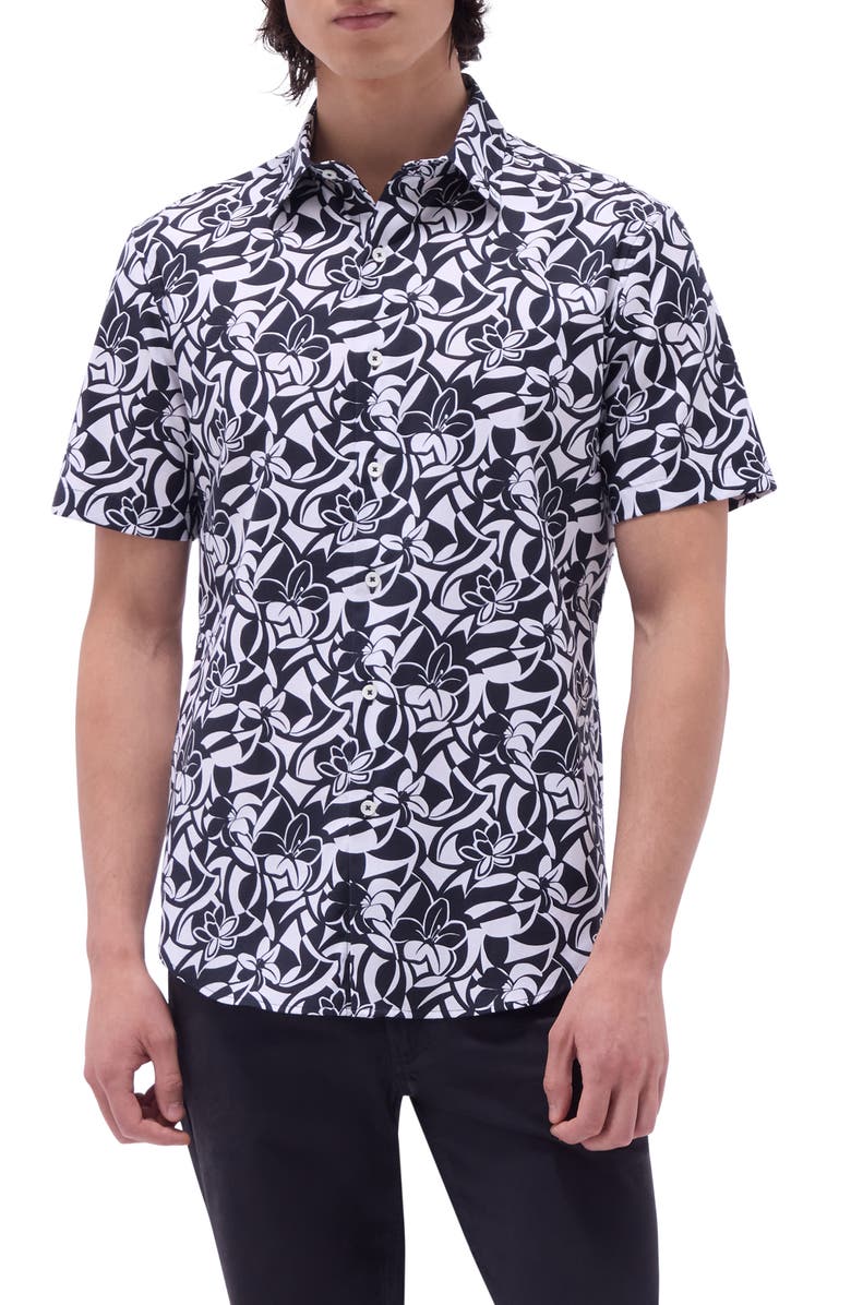 Bugatchi Orson Floral Short Sleeve Stretch Cotton Button-Up Shirt, Main, color, Black