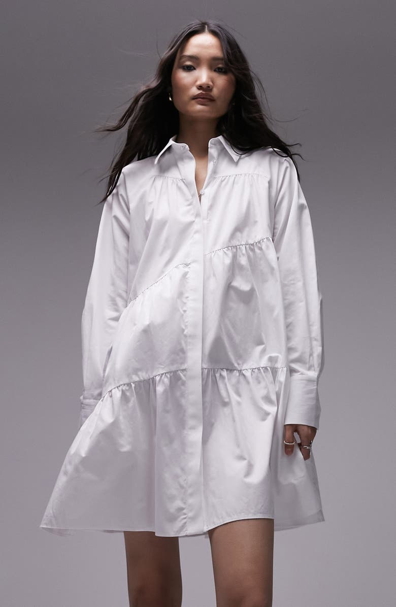 Topshop Long Sleeve Tiered Poplin Minidress, Alternate, color,