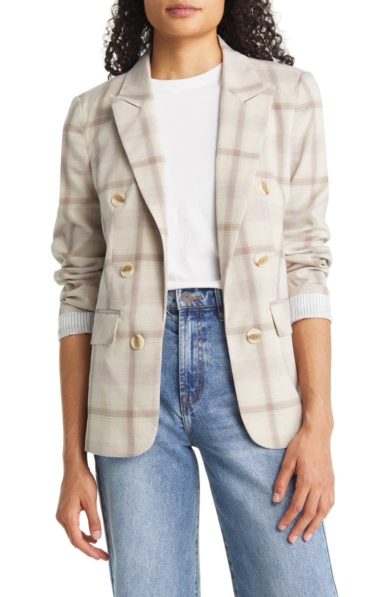 1.STATE Ruched Sleeve Plaid Double Breasted Blazer, Main, color,