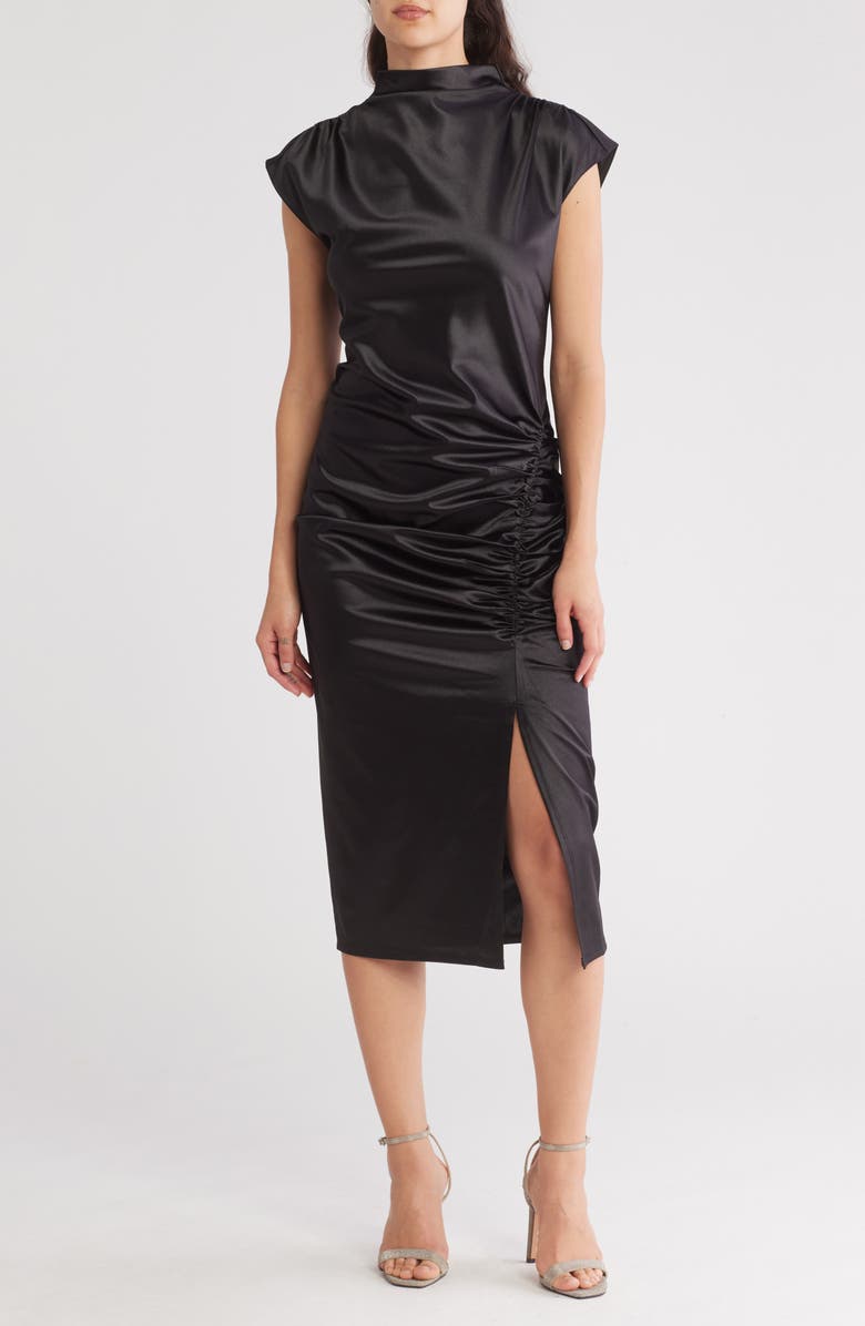 MELLODAY Cap Sleeve Ruched Side Satin Dress, Main, color,