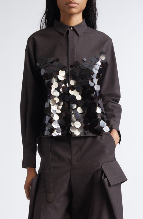 Sequin Embroidered Wool Suiting Button-Up Shirt