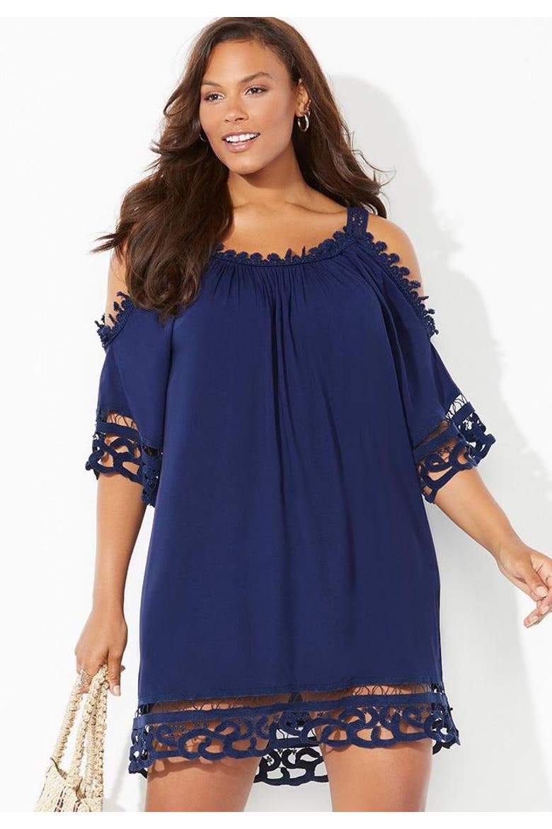Vera Crochet Cold Shoulder Cover Up Dress, Alternate, color, Black