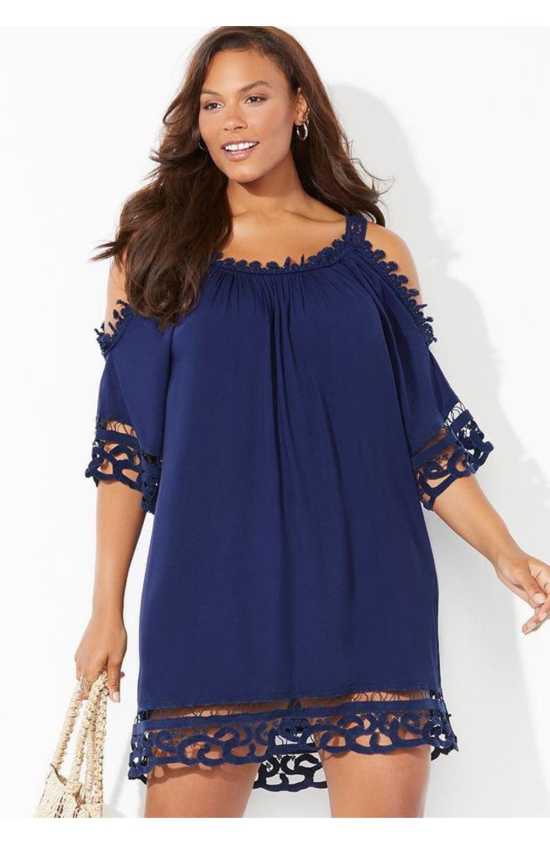 Swimsuits for All Vera Crochet Cold Shoulder Cover Up Dress, Alternate, color, Black