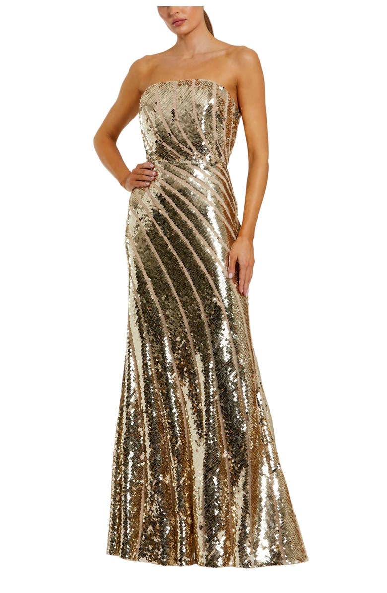 Mac Duggal Sequin Mesh Strapless Trumpet Gown, Main, color, Gold
