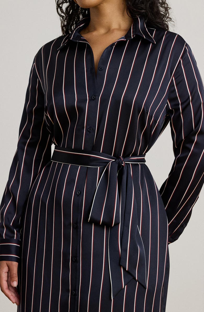 Lauren Ralph Lauren Stripe Long Sleeve Satin Charmeuse Shirtdress, Alternate, color, Navy/ Cream/ Garnet