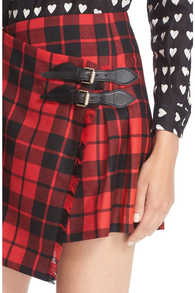 Leather Trim Plaid Wool Skirt, Alternate, color, BRIGHT RED