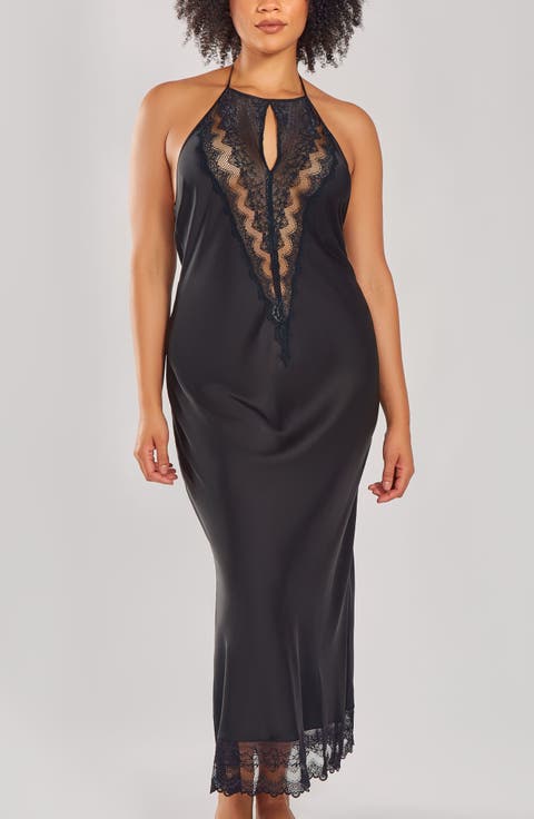 Lace Inset Satin Halter Nightgown