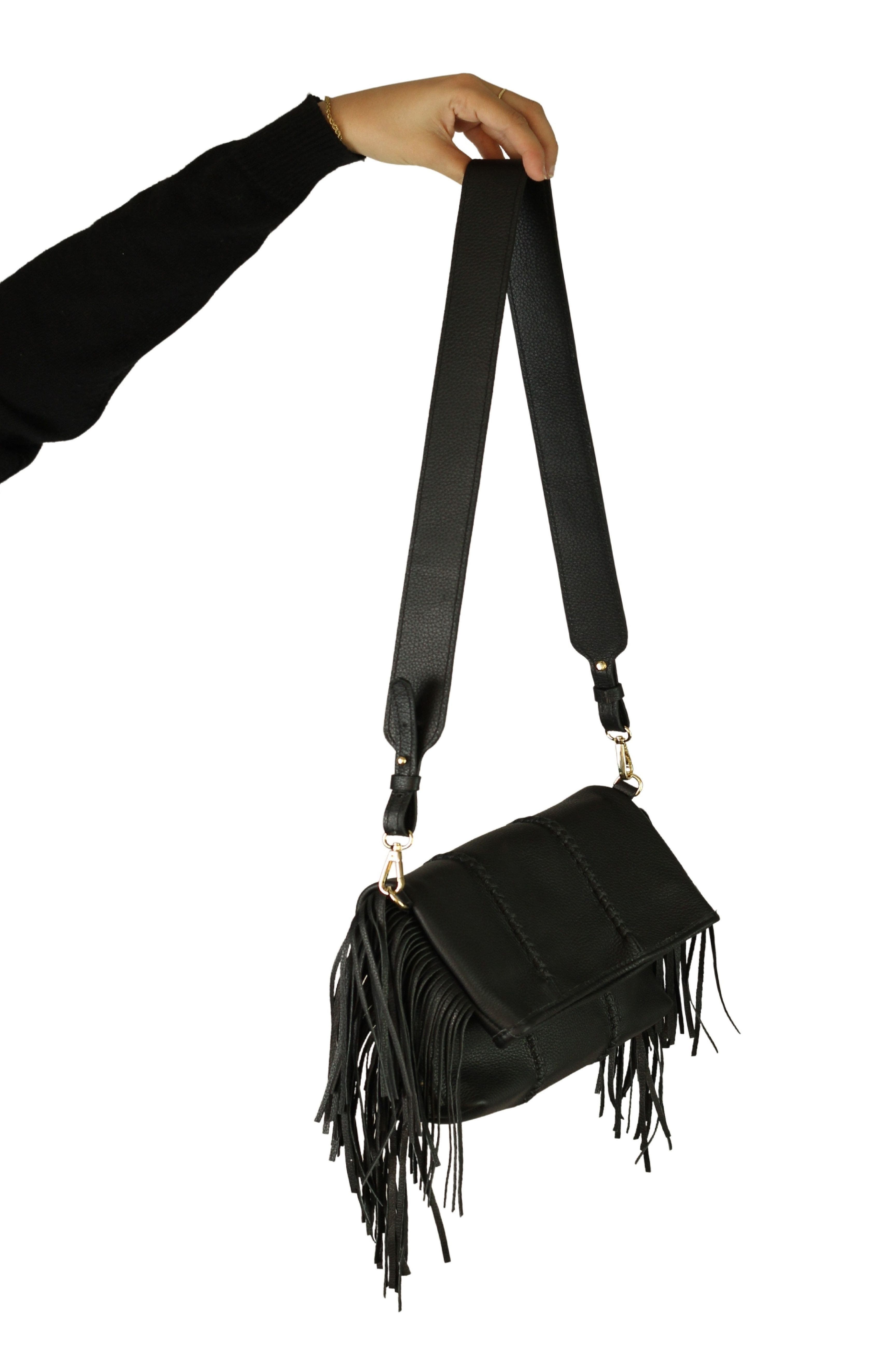 Carlos Falchi Large Fringe Leather Crossbody Messenger, Alternate, color, Black Obsidian