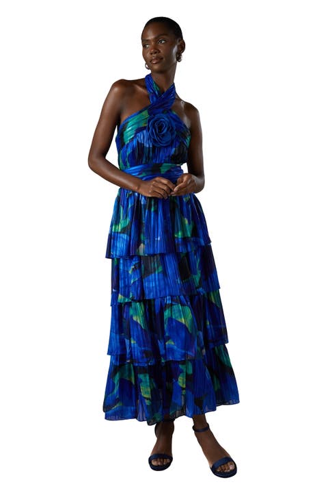 Tiered Halter Tie Neck Maxi Dress