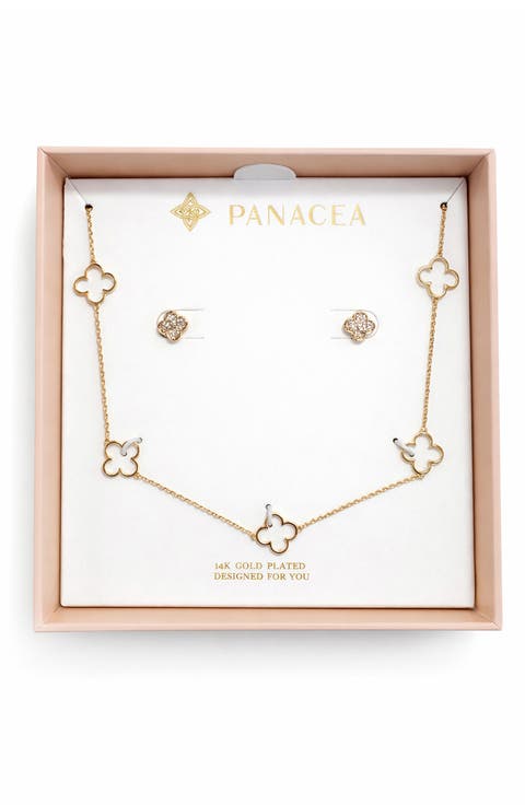 Pavé Cubic Zirconia Clover Stud & Station Chain Necklace
