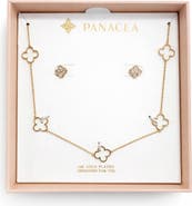Panacea Pavé Cubic Zirconia Clover Stud & Station Chain Necklace