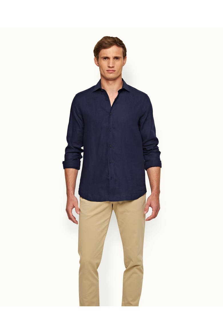 Giles Linen Cutaway Collar Tailored Fit Linen Shirt, Main, color, Navy