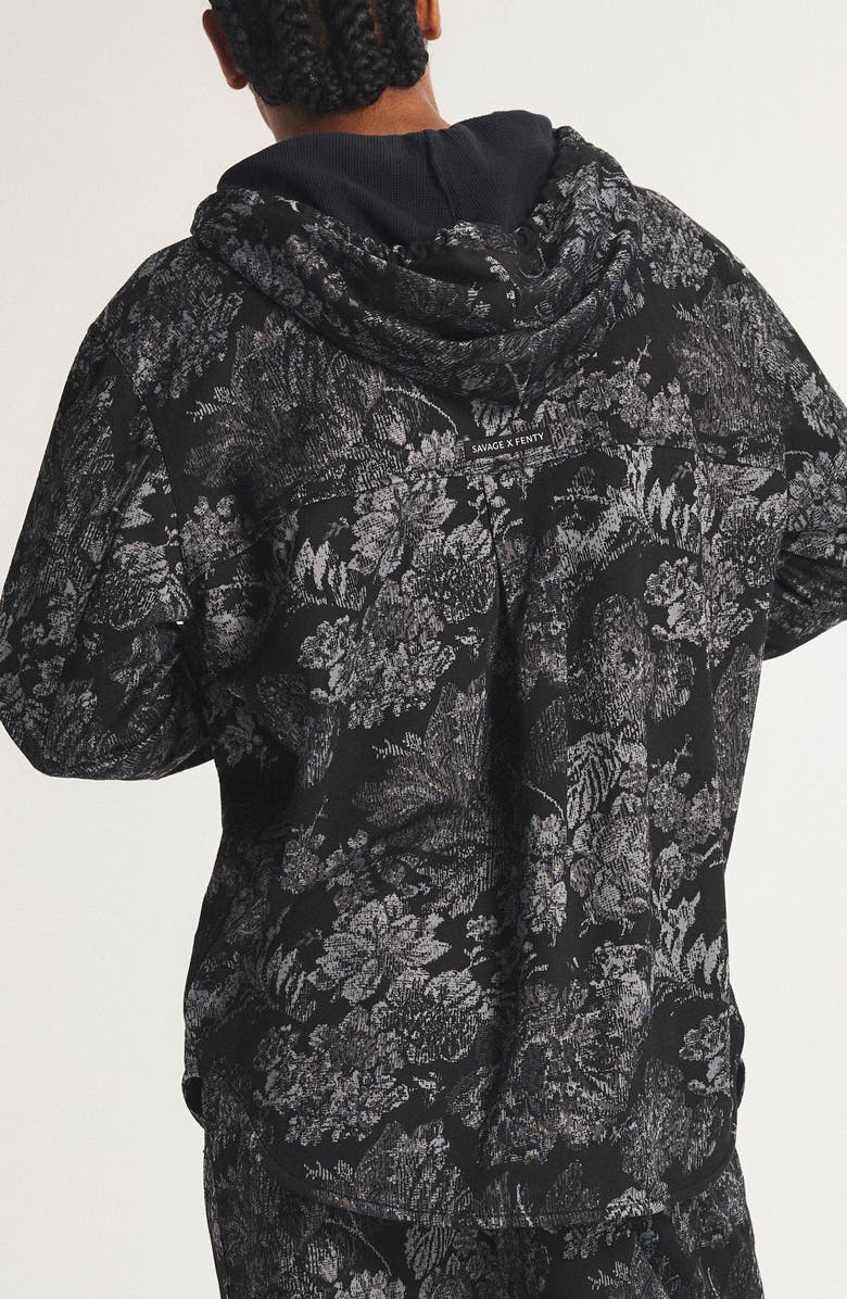 SAVAGE X FENTY Bold Bloom Hooded Snap-Up Shirt, Alternate, color, Black Caviar