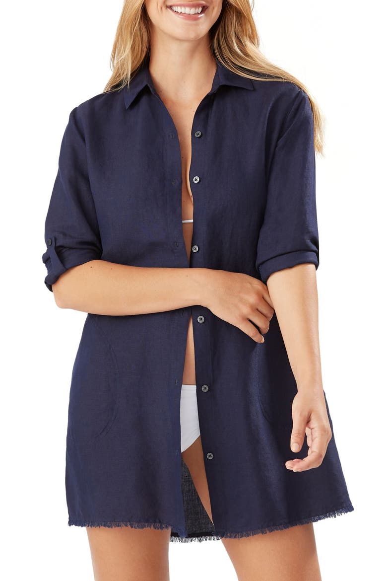 Lucia Linen Blend Boyfriend Shirt, Main, color, MARE NAVY