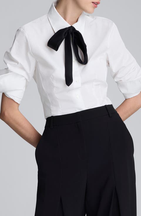 Boyfriend Poplin Button-Up Shirt with Tie