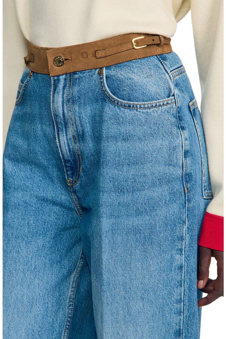 Straight jeans with leather belt, Alternate, color, Blue jean