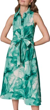 Donna Karan New York Floral Print Linen Blend Midi Dress