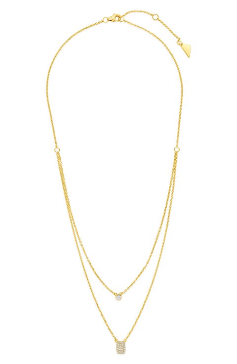 14K Yellow Gold Plated Bezel Cubic Zirconia Tag Layered Necklace