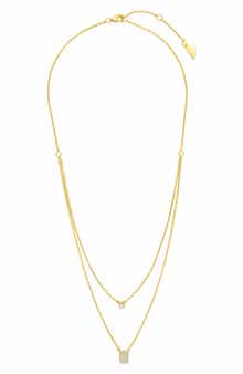 Sterling Forever 14K Yellow Gold Plated Bezel Cubic Zirconia Tag Layered Necklace