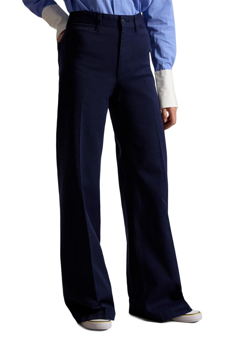 High Waist Wide Leg Stretch Cotton Twill Pants, Main, color, NAVY