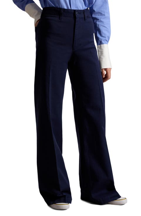 High Waist Wide Leg Stretch Cotton Twill Pants