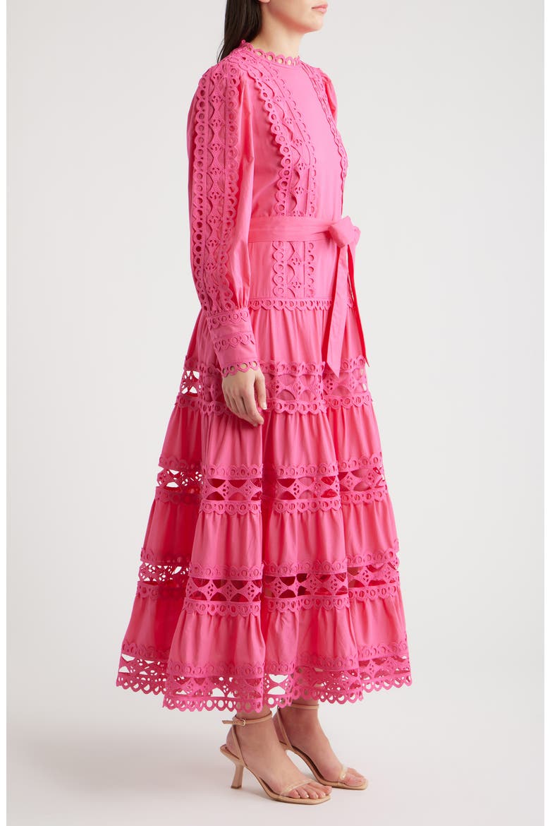 Lace Trim Long Sleeve Cotton Maxi Dress, Alternate, color, HOT PINK