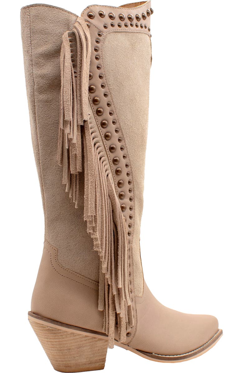 Volatile Palomino Fringe Knee High Western Boot, Alternate, color, Nude