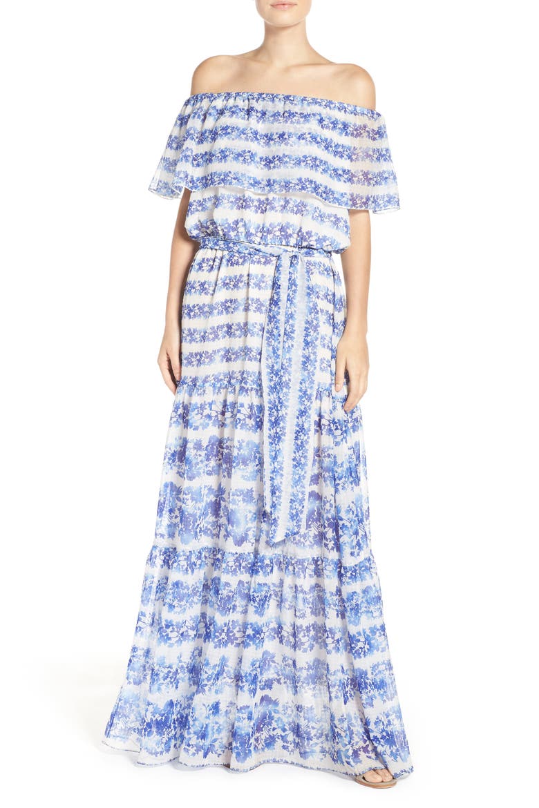 Blouson Maxi Dress, Main, color, IVORY/ BLUE